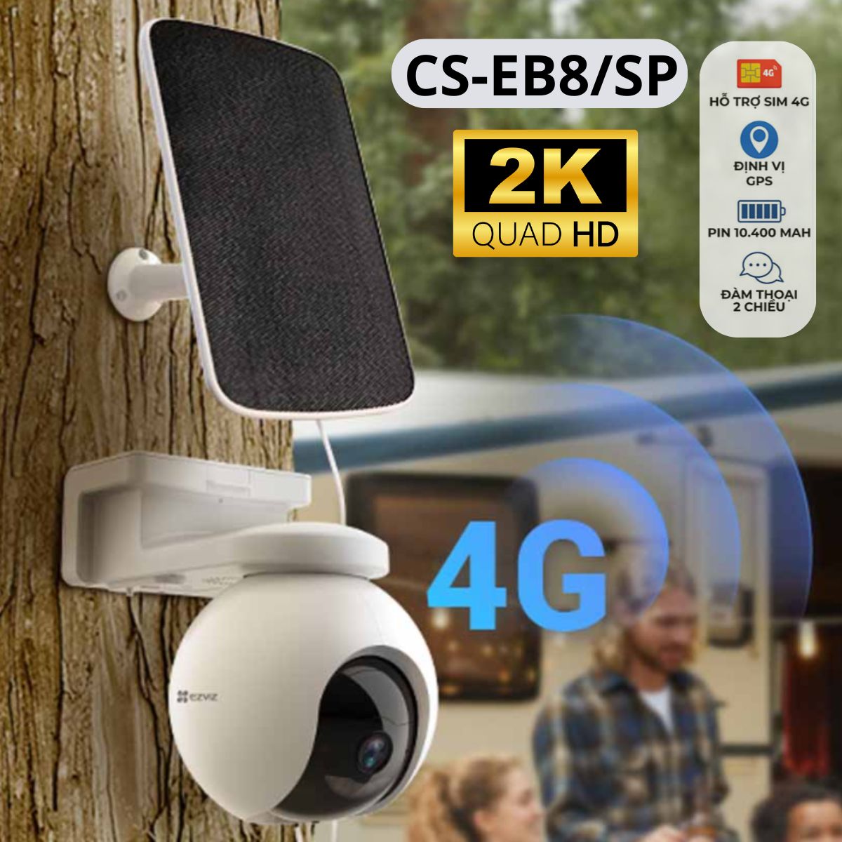 Camera sim 4G ngoài trời sử dụng pin Ezviz CS-EB8/SP 3MP, 10.400 mAh, Âm thanh 2 chiều, có GPS