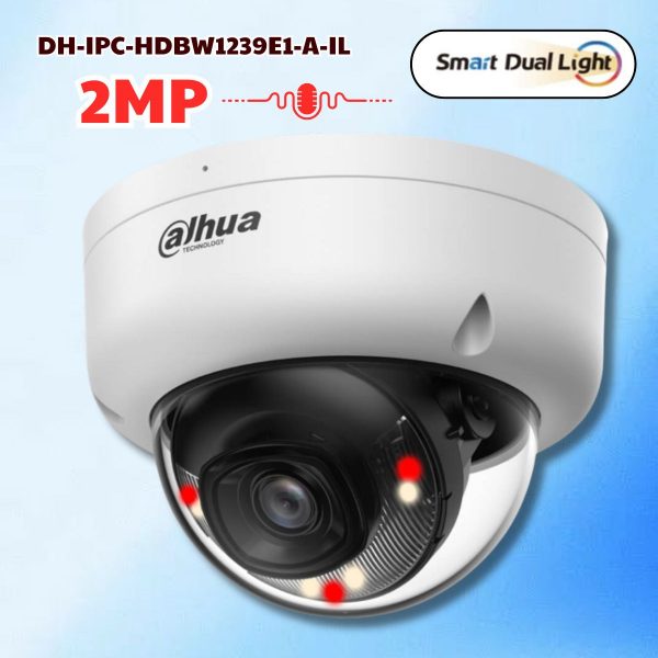 Camera IP Dome Dahua DH-IPC-HDBW1239E1-A-IL 2MP, Phát hiện người, Có mic, Đèn trợ sáng + IR 30m