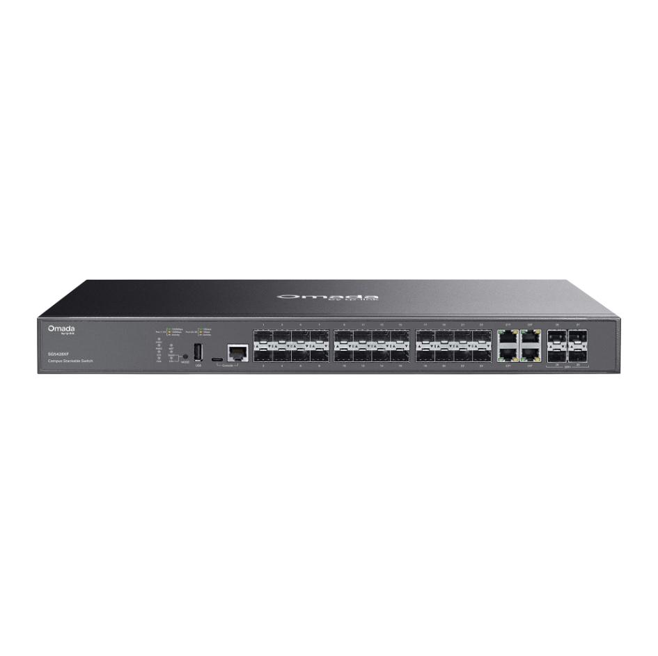 TP-Link Omada SG5428XF - Switch Managed L3 Stackable 24 Khe SFP, 4 Khe 10G SFP+, Stacking, Công suất 128 Gbps, Hỗ trợ OSPF & 2 Nguồn dự phòng