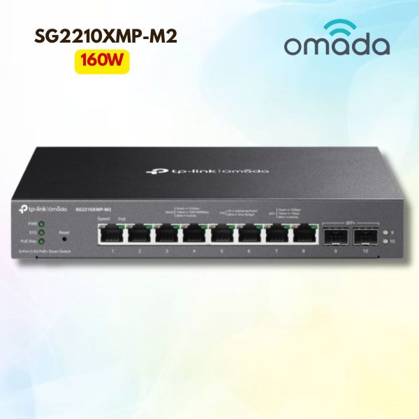 Bộ chuyển mạch để bàn/treo tường 8 Cổng 2.5G PoE+ Omada SG2210XMP-M2 - Công suất 160W, 2 Khe 10G SFP+, Không quạt
