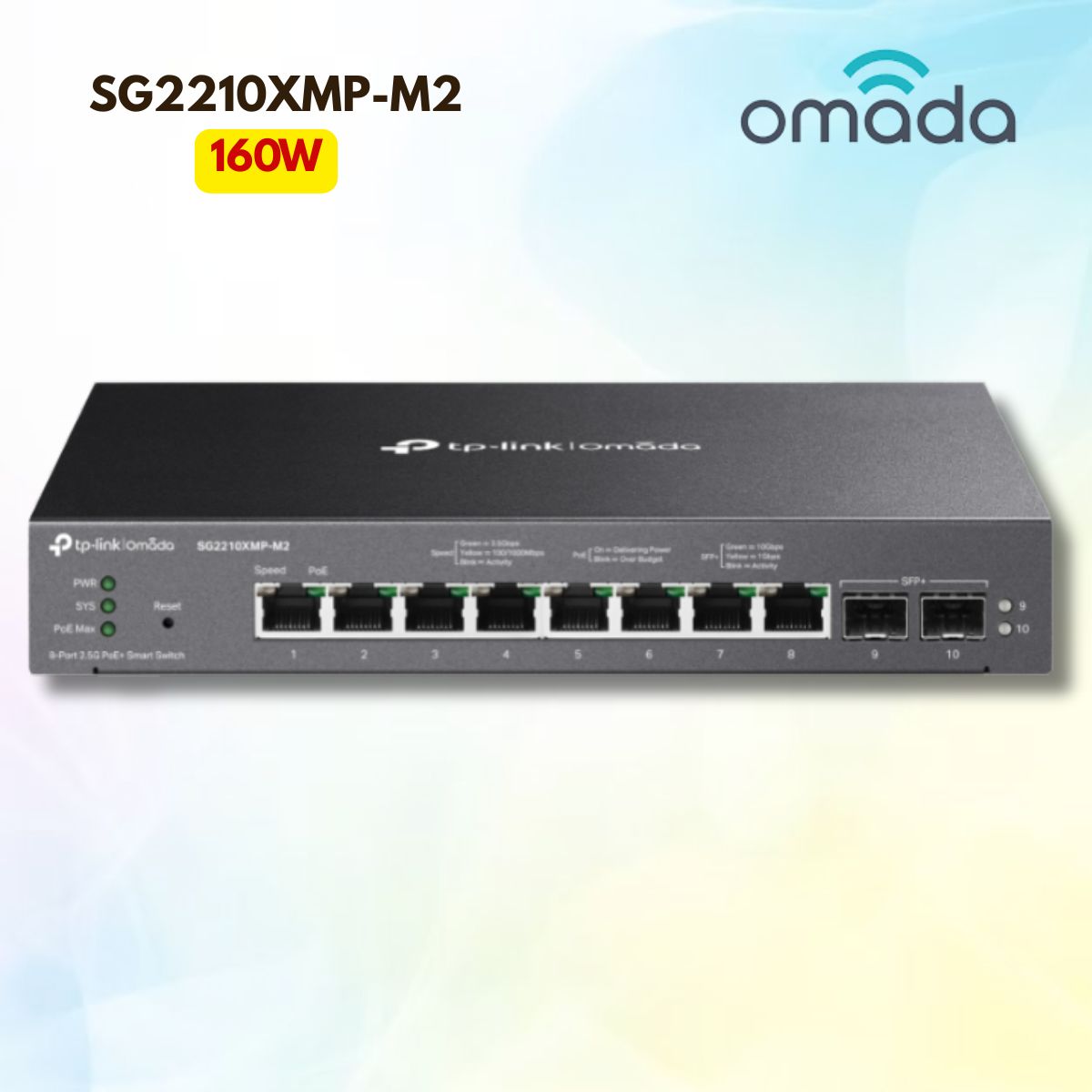 Bộ chuyển mạch để bàn/treo tường 8 Cổng 2.5G PoE+ Omada SG2210XMP-M2 - Công suất 160W, 2 Khe 10G SFP+, Không quạt