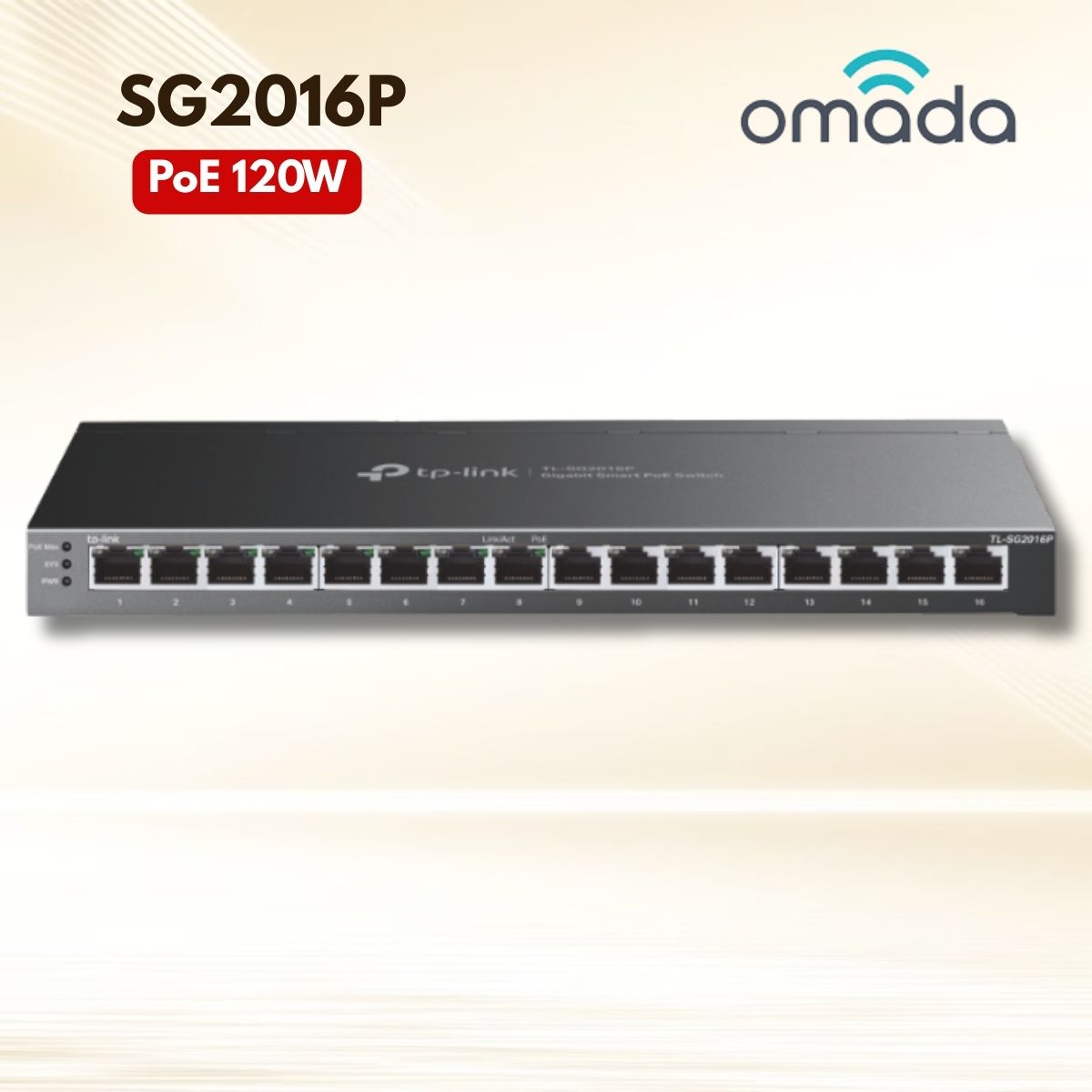 Bộ chuyển mạch thông minh Gigabit 16 cổng Omada SG2016P với 8 cổng PoE+ 120W, Thiết kế không quạt vận hành êm ái