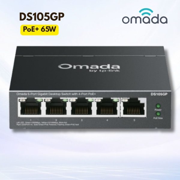 Bộ chuyển mạch để bàn 5 Cổng Gigabit TP-Link DS105GP - 4 Cổng PoE+ 65W, Vỏ thép bền bỉ, Phạm vi truyền 250m
