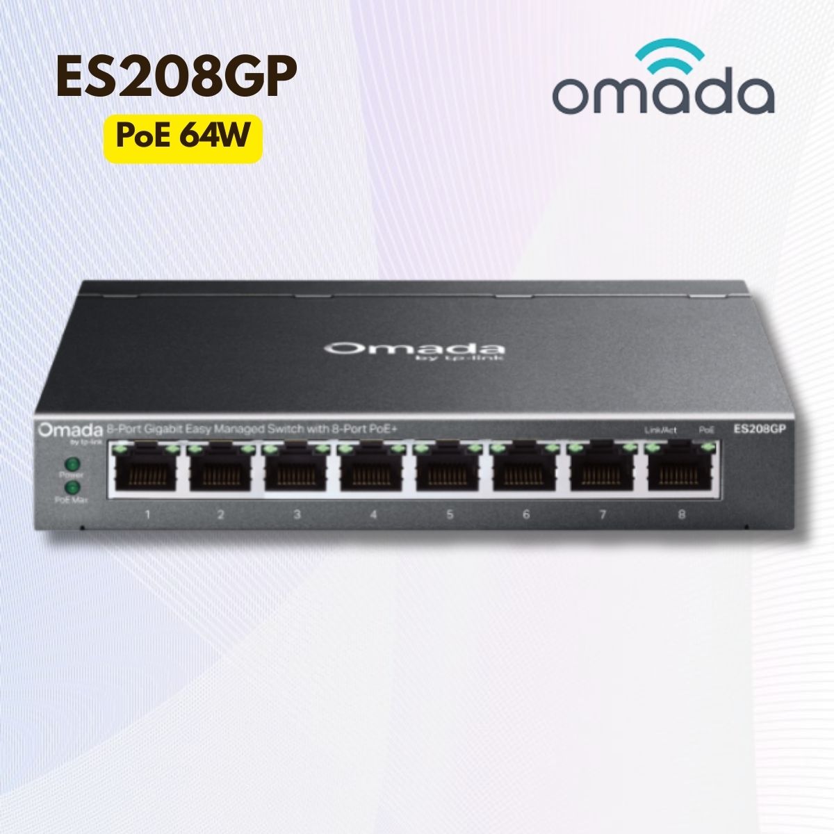 Switch Managed 8 Cổng Gigabit RJ45 Omada ES208GP Công suất PoE 64W, Truyền xa 250m, Hỗ trợ VLAN, IGMP Snooping, Loop Prevention