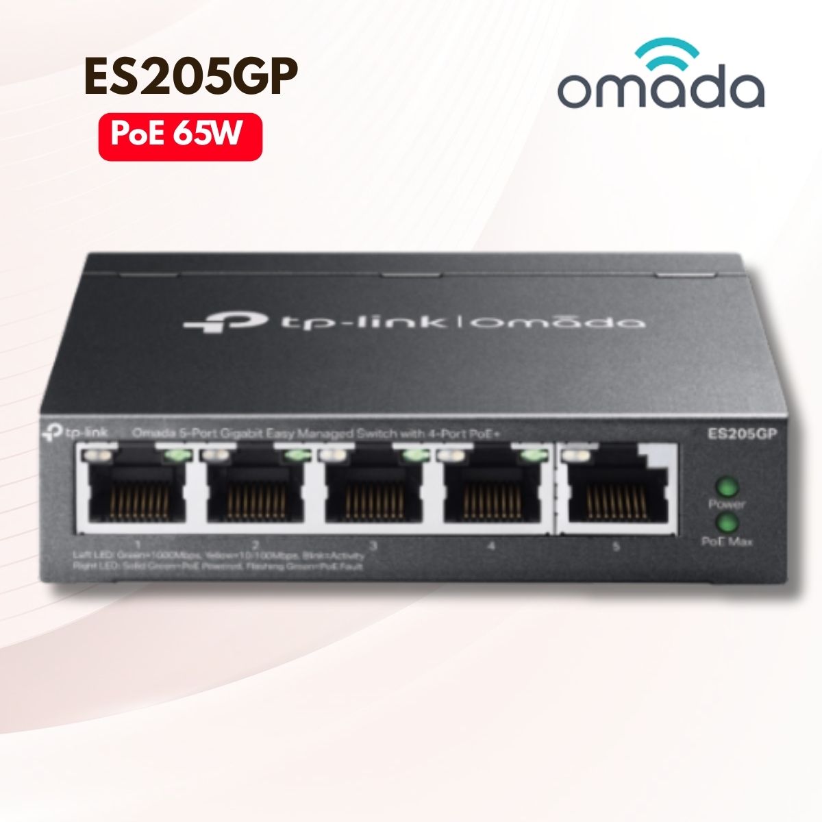 Easy Managed Switch để bàn/treo tường Omada 5 Cổng Gigabit Omada ES205GP 4× PoE+ Gigabit, 1× Gigabit RJ45, Tối đa 250m