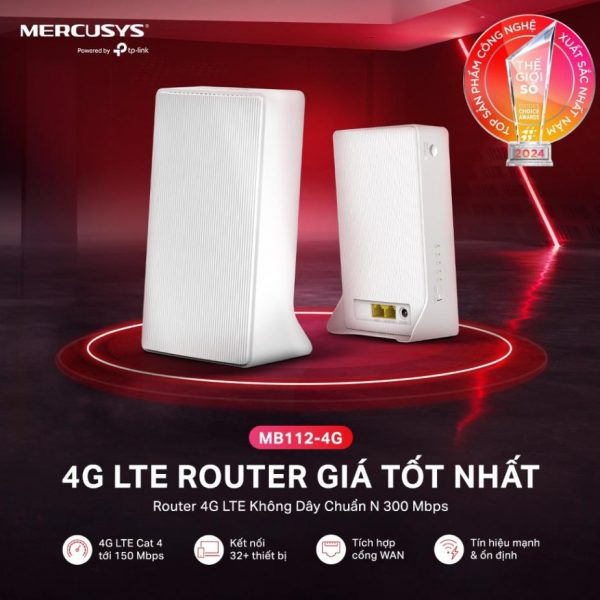 Bộ Phát Wi-Fi Gắn SIM 4G Mercusys MB112-4G: Chuẩn N 300Mbps, Tốc Độ 150Mbps, Hỗ Trợ 32 Thiết Bị